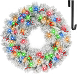 36'' Lighted Snow Flocked Artificial Christmas Wreath with 150 Multicolor LED Lights, 262 Tips, Frosted Wintry Pine Wreath with Timer & Hanger, Pine Cones, Berry Clusters, Battery Operated