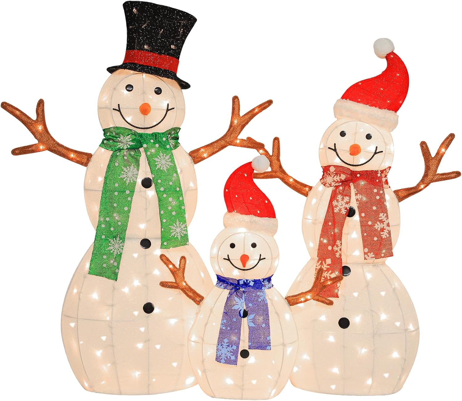 3.5' 3D Lighted Snowman Family, Set of 3 Light Up Christmas Snowman with 180 Warm White LED Lights for Outdoor Decoration, Ground Stakes, Zip Ties