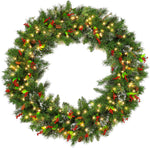 48'' Large Pre-Lit Christmas Wreath with 200 Warm White LED Lights, 434 Branch Tips, Artificial Wintry Pine Wreath with Timer, Pinecones & Red Berries, Plug in