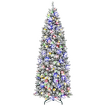 Hykolity 6.5'/7.5' Prelit Snow Flocked Slim Christmas Tree, PE & PVC Tips, Artificial Tree w/ 11 Colors LED Lights, Pine Cones & Berries, Hinged Branches and Metal Stand