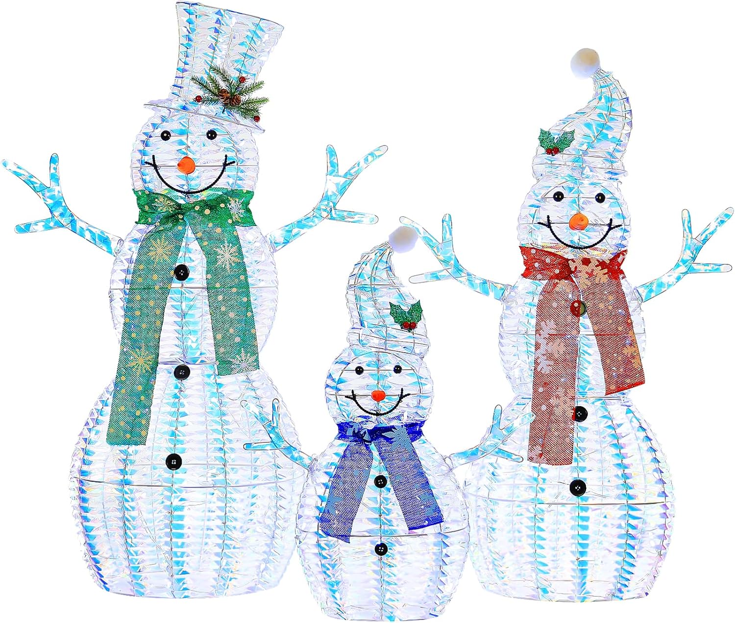 3.5' 3D Pre-lit Iridescent Christmas Snowman Family, 3-Piece Lighted Snowman Set with 180 LED Lights, Ground Stakes, Zip Ties for Outdoor Decoration