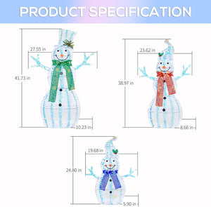 3.5' 3D Pre-lit Iridescent Christmas Snowman Family, 3-Piece Lighted Snowman Set with 180 LED Lights, Ground Stakes, Zip Ties for Outdoor Decoration