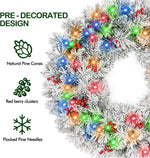 36'' Lighted Snow Flocked Artificial Christmas Wreath with 150 Multicolor LED Lights, 262 Tips, Frosted Wintry Pine Wreath with Timer & Hanger, Pine Cones, Berry Clusters, Battery Operated