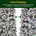 Hykolity 6.5'/7.5' Prelit Snow Flocked Slim Christmas Tree, PE & PVC Tips, Artificial Tree w/ 11 Colors LED Lights, Pine Cones & Berries, Hinged Branches and Metal Stand