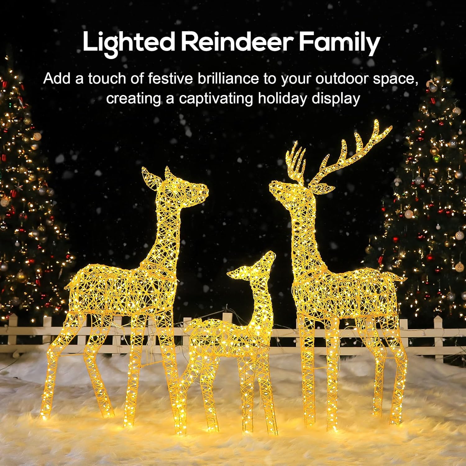 4.5' 3D Pre-lit Christmas Reindeers Family, 3-Piece Lighted Glitter Deer Set with 1660 Warm White LED Lights, Ground Stakes, Zip Ties for Indoor Outdoor Holiday Decorations