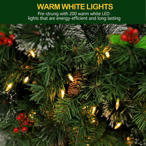 48'' Large Pre-Lit Christmas Wreath with 200 Warm White LED Lights, 434 Branch Tips, Artificial Wintry Pine Wreath with Timer, Pinecones & Red Berries, Plug in