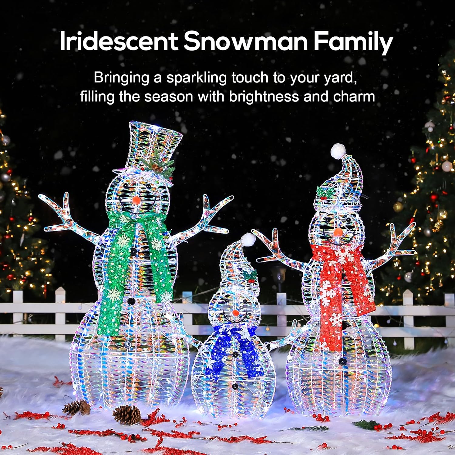 3.5' 3D Pre-lit Iridescent Christmas Snowman Family, 3-Piece Lighted Snowman Set with 180 LED Lights, Ground Stakes, Zip Ties for Outdoor Decoration