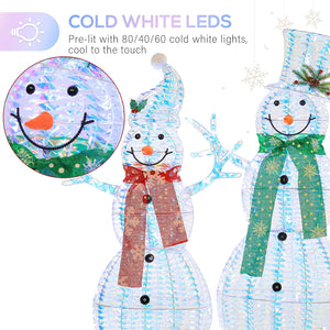 3.5' 3D Pre-lit Iridescent Christmas Snowman Family, 3-Piece Lighted Snowman Set with 180 LED Lights, Ground Stakes, Zip Ties for Outdoor Decoration