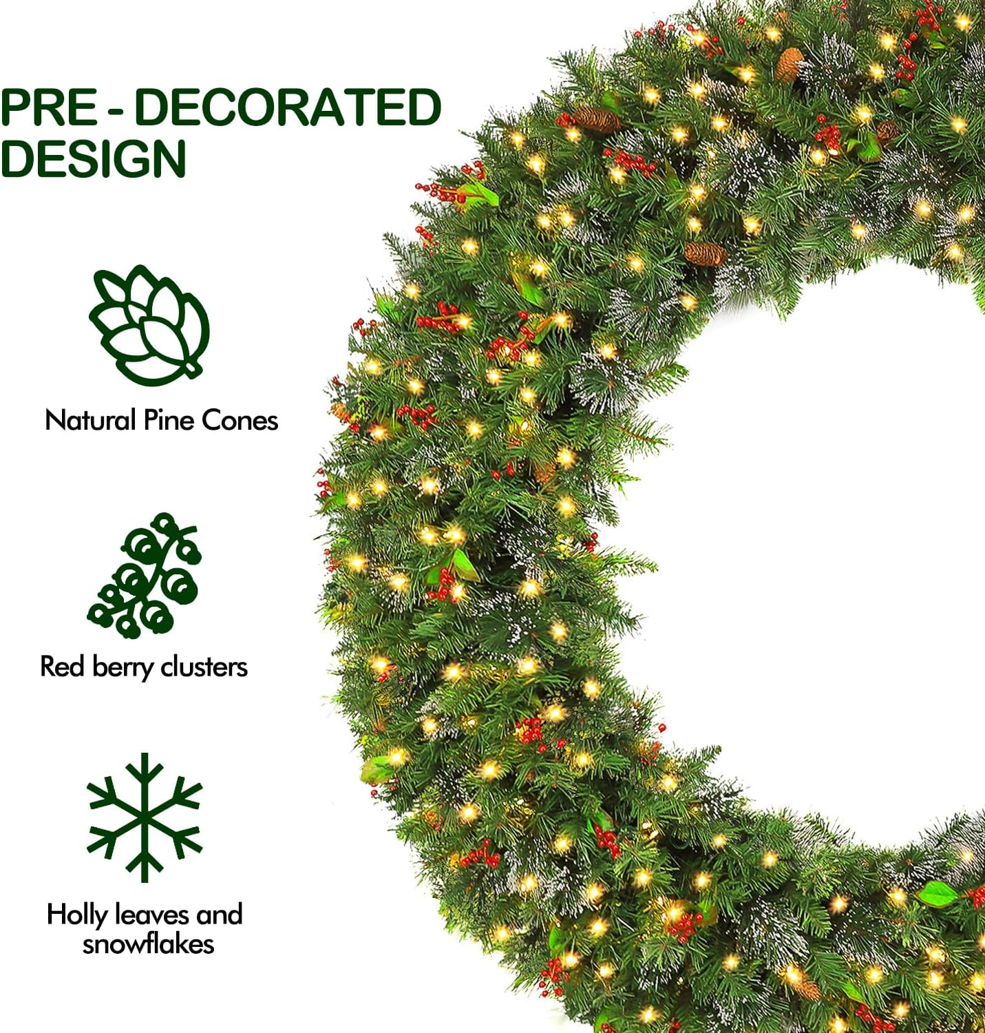 60'' Prelit Christmas Wreath Wintry Pine with 400 Warm White LED Lights, Artificial Wreath with 792 PVC Branch Tips, Adorned with Pinecones & Red Berries, Plug in