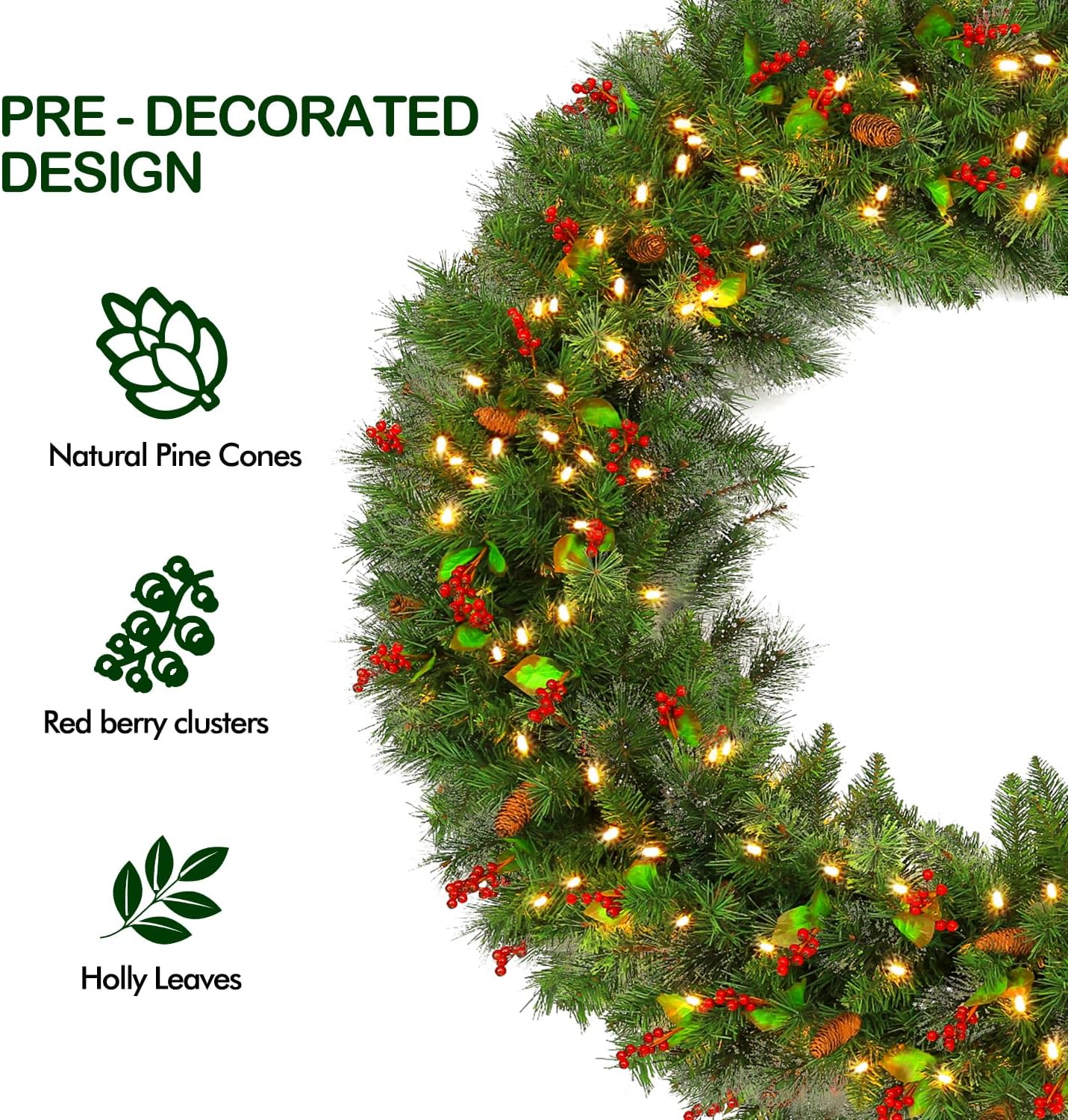 48'' Large Pre-Lit Christmas Wreath with 200 Warm White LED Lights, 434 Branch Tips, Artificial Wintry Pine Wreath with Timer, Pinecones & Red Berries, Plug in