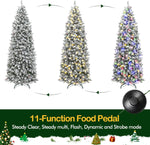 Hykolity 6.5'/7.5' Prelit Snow Flocked Slim Christmas Tree, PE & PVC Tips, Artificial Tree w/ 11 Colors LED Lights, Pine Cones & Berries, Hinged Branches and Metal Stand