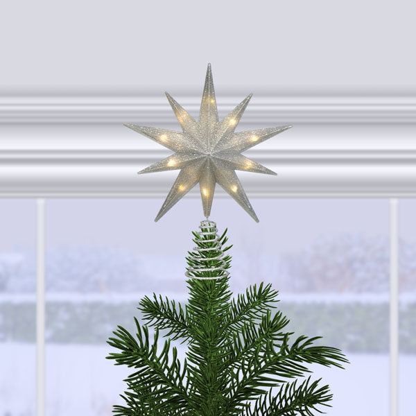 12" Lit Silver Glitter Star Tree Topper