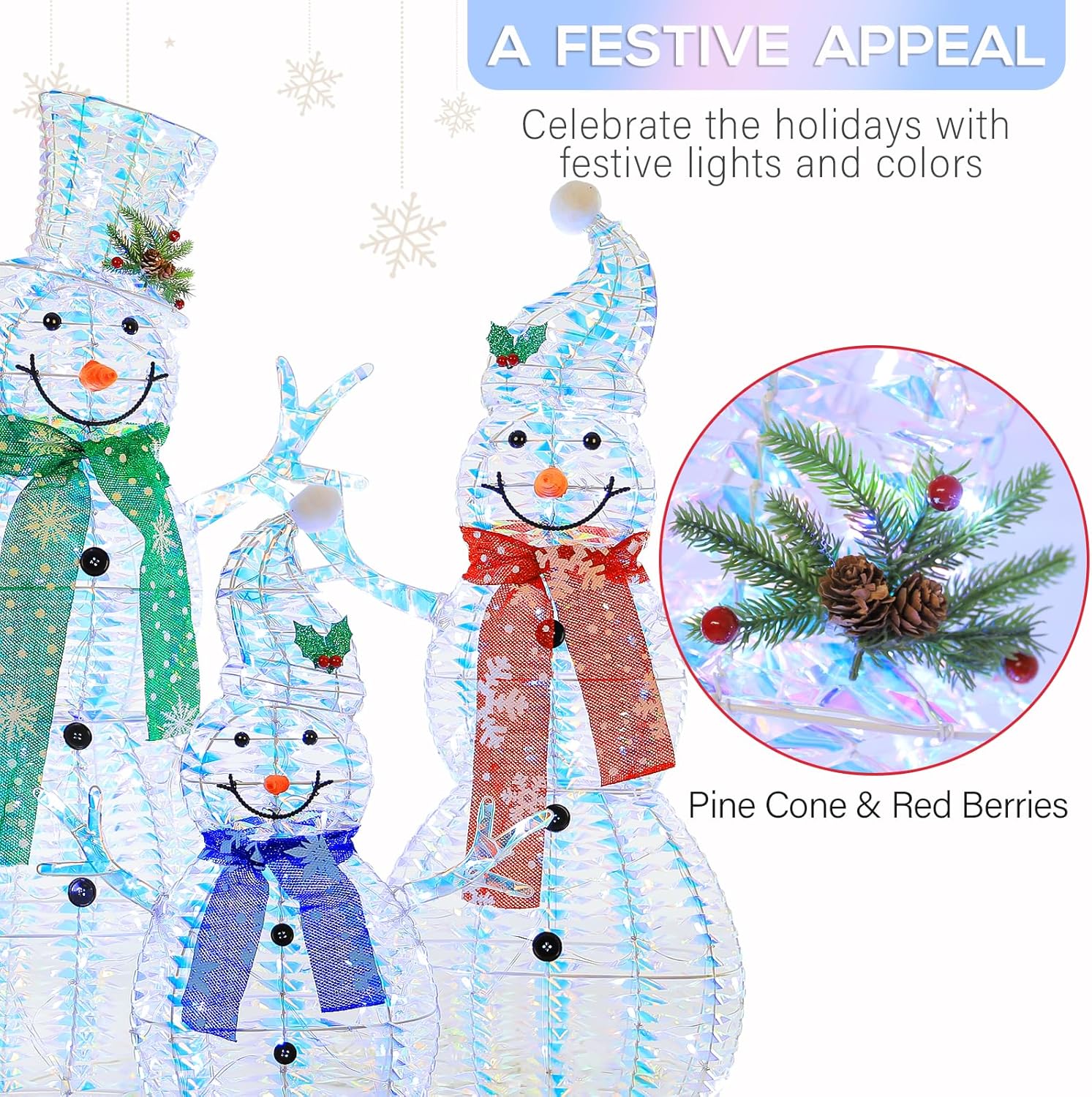 3.5' 3D Pre-lit Iridescent Christmas Snowman Family, 3-Piece Lighted Snowman Set with 180 LED Lights, Ground Stakes, Zip Ties for Outdoor Decoration