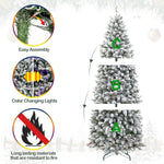 Hykolity 6.5'/7.5' Prelit Snow Flocked Slim Christmas Tree, PE & PVC Tips, Artificial Tree w/ 11 Colors LED Lights, Pine Cones & Berries, Hinged Branches and Metal Stand