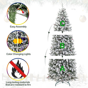 Hykolity 6.5'/7.5' Prelit Snow Flocked Slim Christmas Tree, PE & PVC Tips, Artificial Tree w/ 11 Colors LED Lights, Pine Cones & Berries, Hinged Branches and Metal Stand