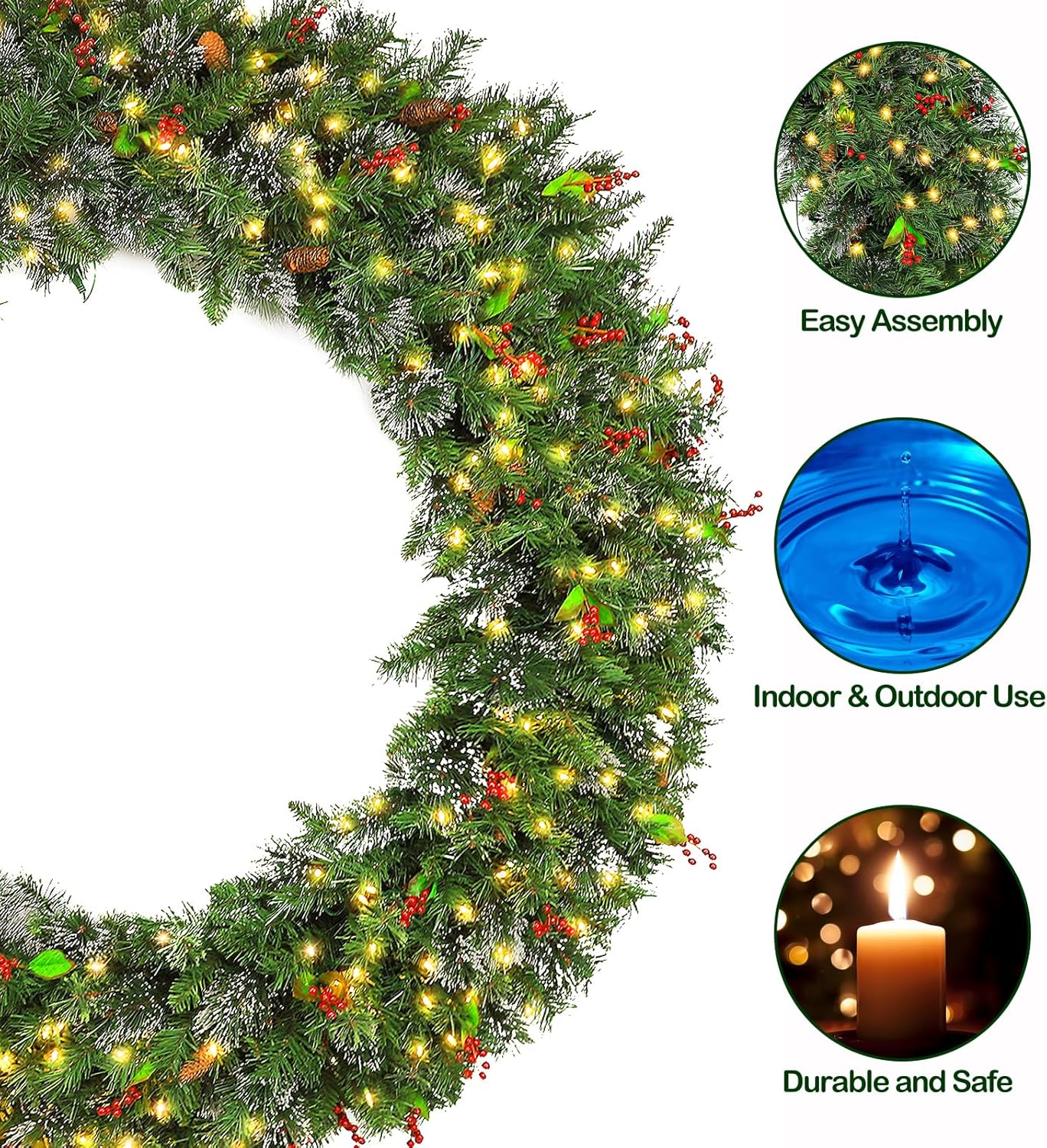 48'' Large Pre-Lit Christmas Wreath with 200 Warm White LED Lights, 434 Branch Tips, Artificial Wintry Pine Wreath with Timer, Pinecones & Red Berries, Plug in