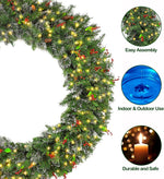 48'' Large Pre-Lit Christmas Wreath with 200 Warm White LED Lights, 434 Branch Tips, Artificial Wintry Pine Wreath with Timer, Pinecones & Red Berries, Plug in