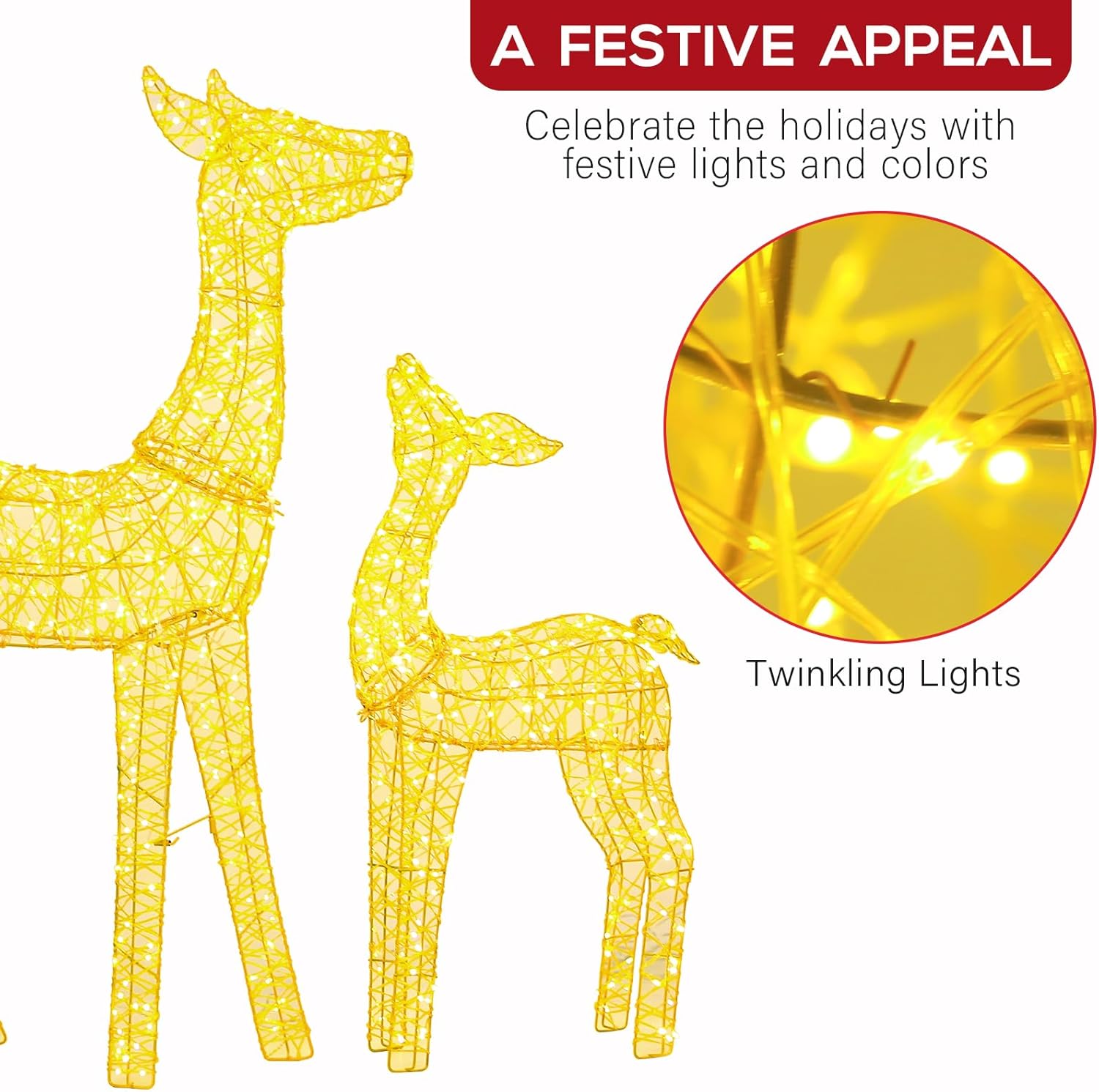 4.5' 3D Pre-lit Christmas Reindeers Family, 3-Piece Lighted Glitter Deer Set with 1660 Warm White LED Lights, Ground Stakes, Zip Ties for Indoor Outdoor Holiday Decorations