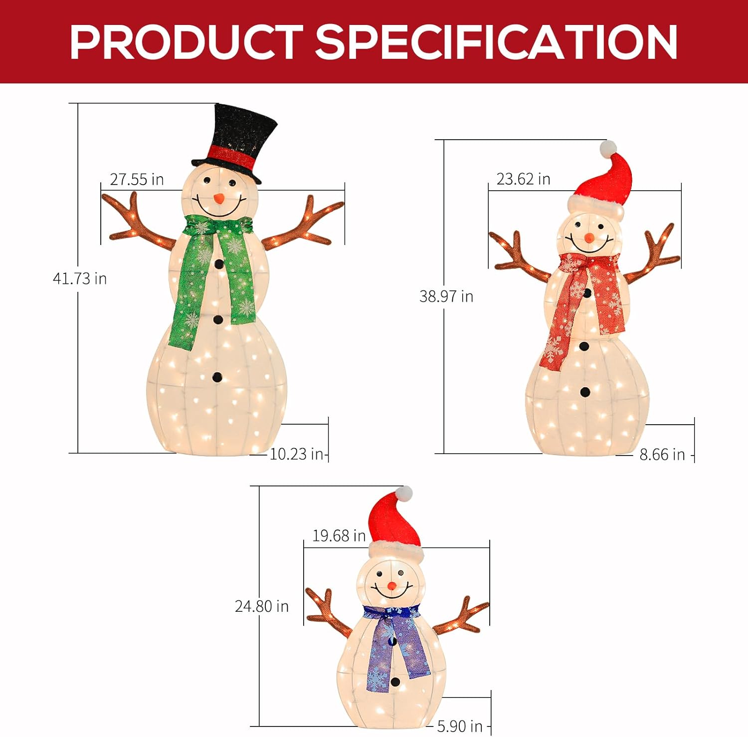 3.5' 3D Lighted Snowman Family, Set of 3 Light Up Christmas Snowman with 180 Warm White LED Lights for Outdoor Decoration, Ground Stakes, Zip Ties