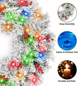 36'' Lighted Snow Flocked Artificial Christmas Wreath with 150 Multicolor LED Lights, 262 Tips, Frosted Wintry Pine Wreath with Timer & Hanger, Pine Cones, Berry Clusters, Battery Operated