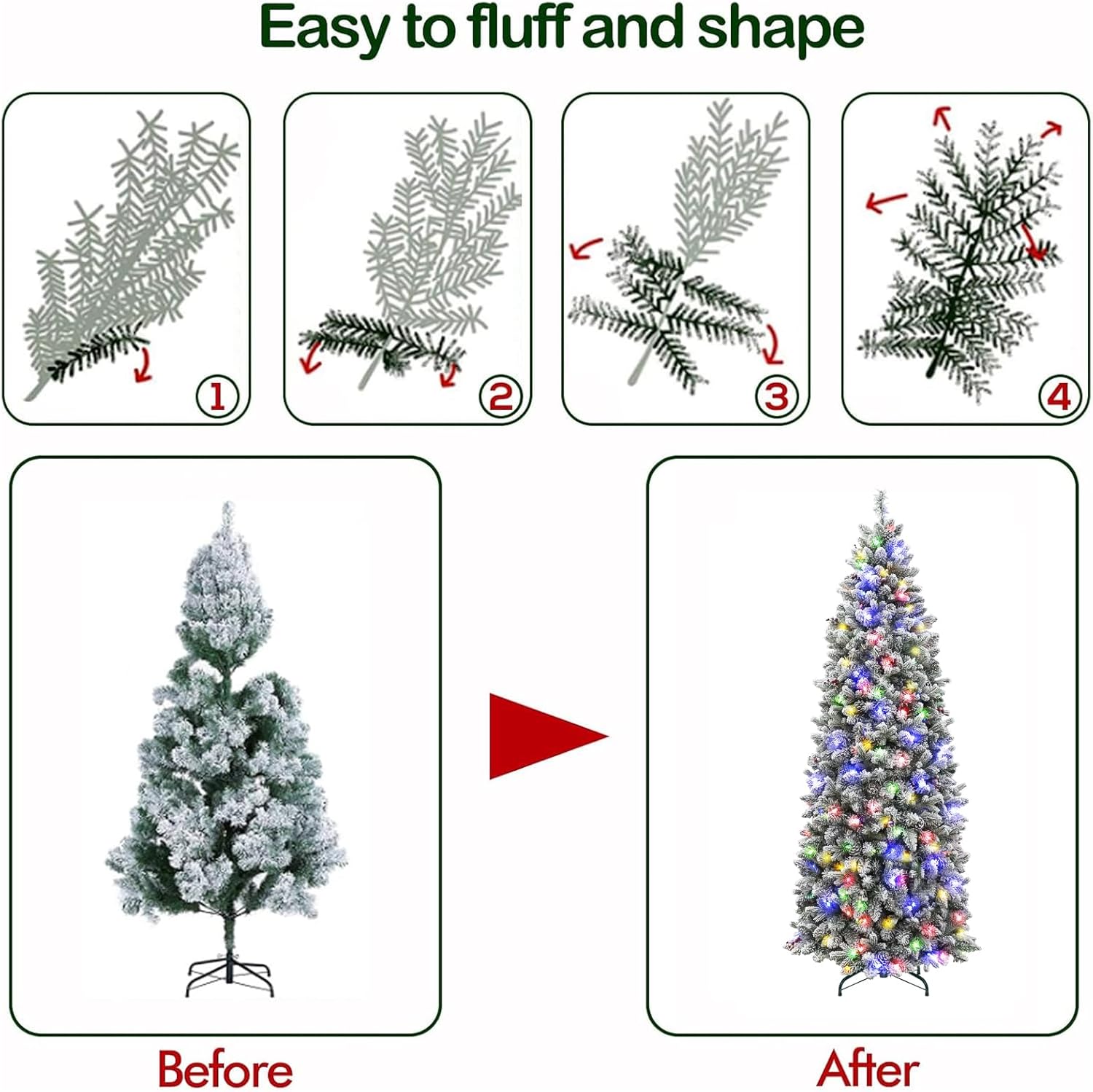 Hykolity 6.5'/7.5' Prelit Snow Flocked Slim Christmas Tree, PE & PVC Tips, Artificial Tree w/ 11 Colors LED Lights, Pine Cones & Berries, Hinged Branches and Metal Stand