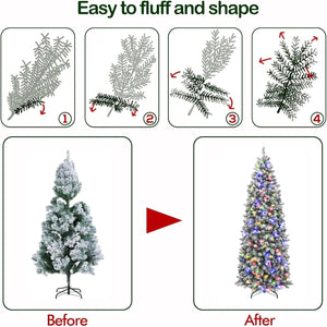 Hykolity 6.5'/7.5' Prelit Snow Flocked Slim Christmas Tree, PE & PVC Tips, Artificial Tree w/ 11 Colors LED Lights, Pine Cones & Berries, Hinged Branches and Metal Stand