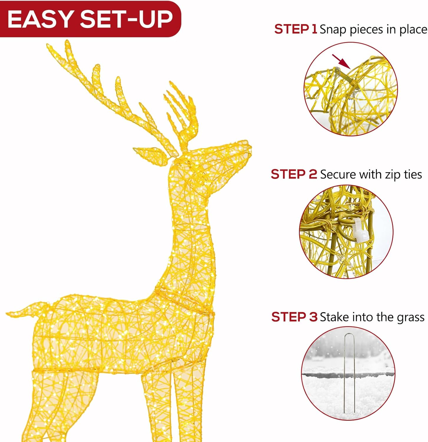 4.5' 3D Pre-lit Christmas Reindeers Family, 3-Piece Lighted Glitter Deer Set with 1660 Warm White LED Lights, Ground Stakes, Zip Ties for Indoor Outdoor Holiday Decorations