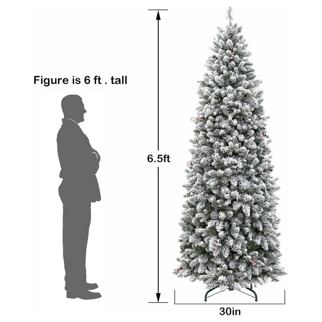 Hykolity 6.5'/7.5' Prelit Snow Flocked Slim Christmas Tree, PE & PVC Tips, Artificial Tree w/ 11 Colors LED Lights, Pine Cones & Berries, Hinged Branches and Metal Stand