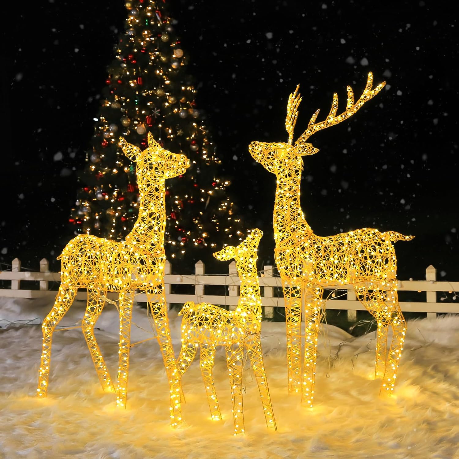 4.5' 3D Pre-lit Christmas Reindeers Family, 3-Piece Lighted Glitter Deer Set with 1660 Warm White LED Lights, Ground Stakes, Zip Ties for Indoor Outdoor Holiday Decorations