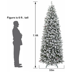 Hykolity 6.5'/7.5' Prelit Snow Flocked Slim Christmas Tree, PE & PVC Tips, Artificial Tree w/ 11 Colors LED Lights, Pine Cones & Berries, Hinged Branches and Metal Stand