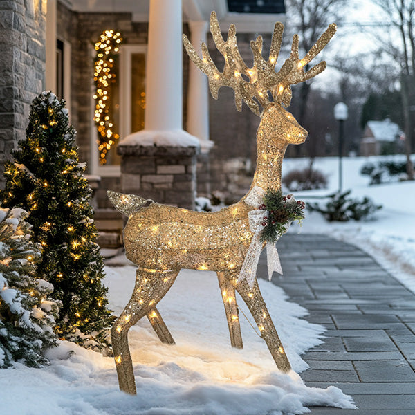 Pre-lit 47 Inch Champagne Outdoor Standing Reindeer with Bow