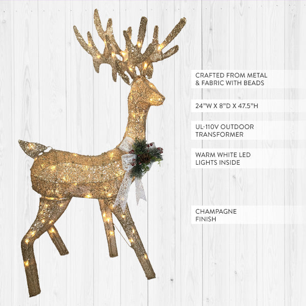 Pre-lit 47 Inch Champagne Outdoor Standing Reindeer with Bow