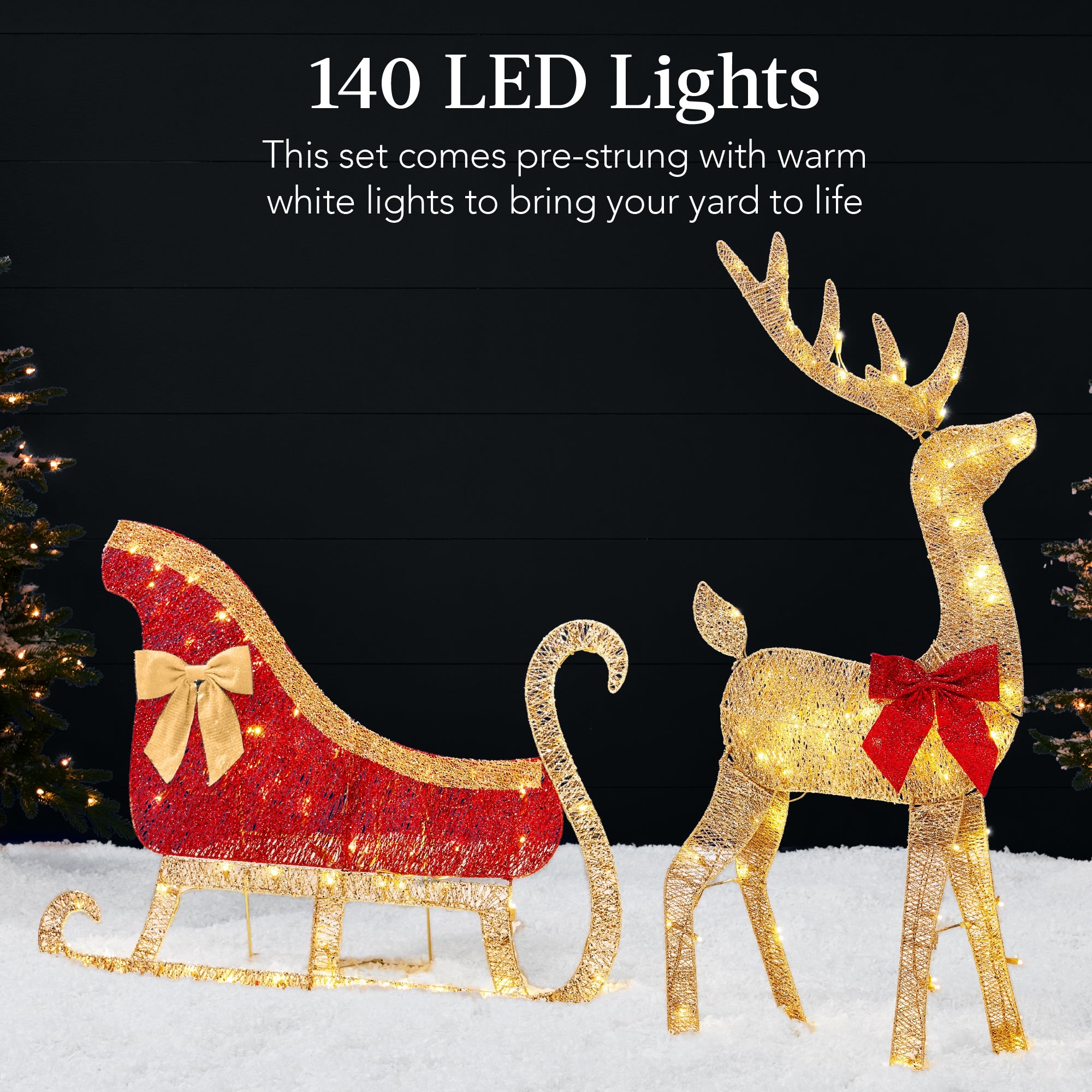 Lighted 2D Outdoor Christmas Reindeer & Sleigh Set w/ Warm White LED Lights