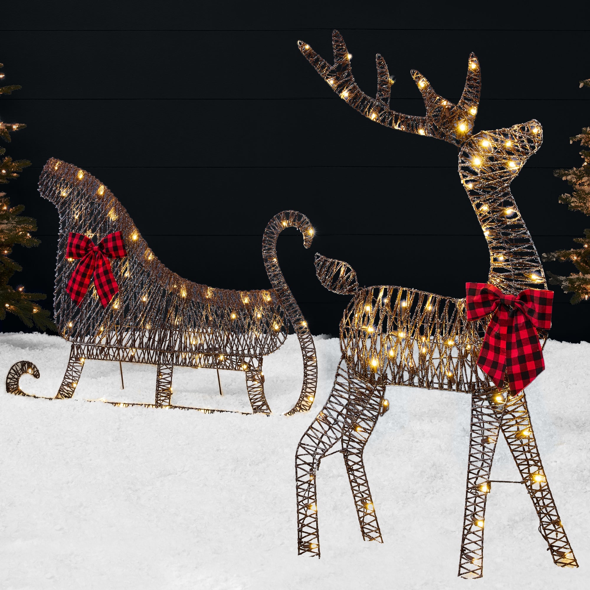 Lighted 2D Outdoor Christmas Reindeer & Sleigh Set w/ Warm White LED Lights