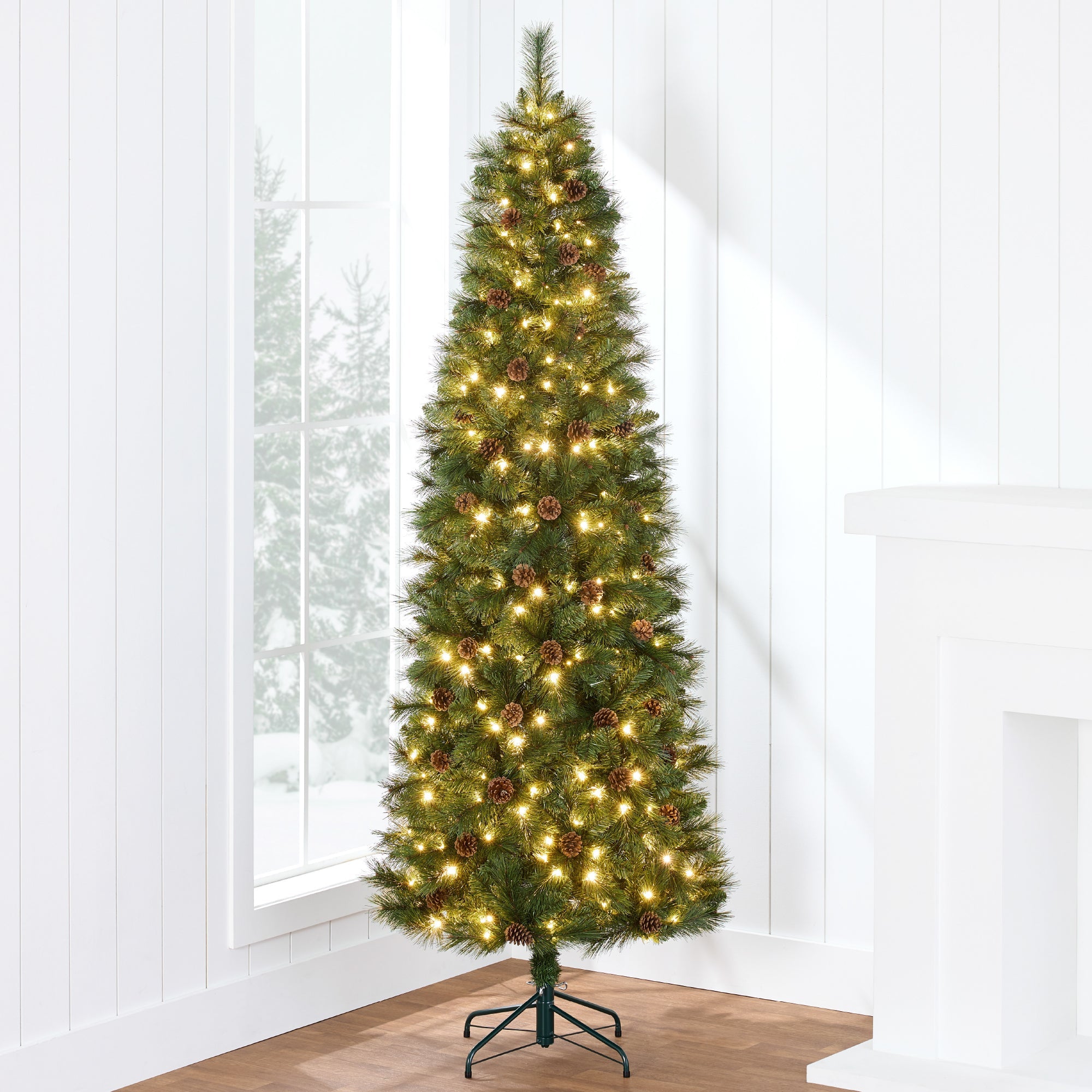 Pre-Lit Artificial Scotch Pine Pencil Christmas Tree w/ Metal Stand