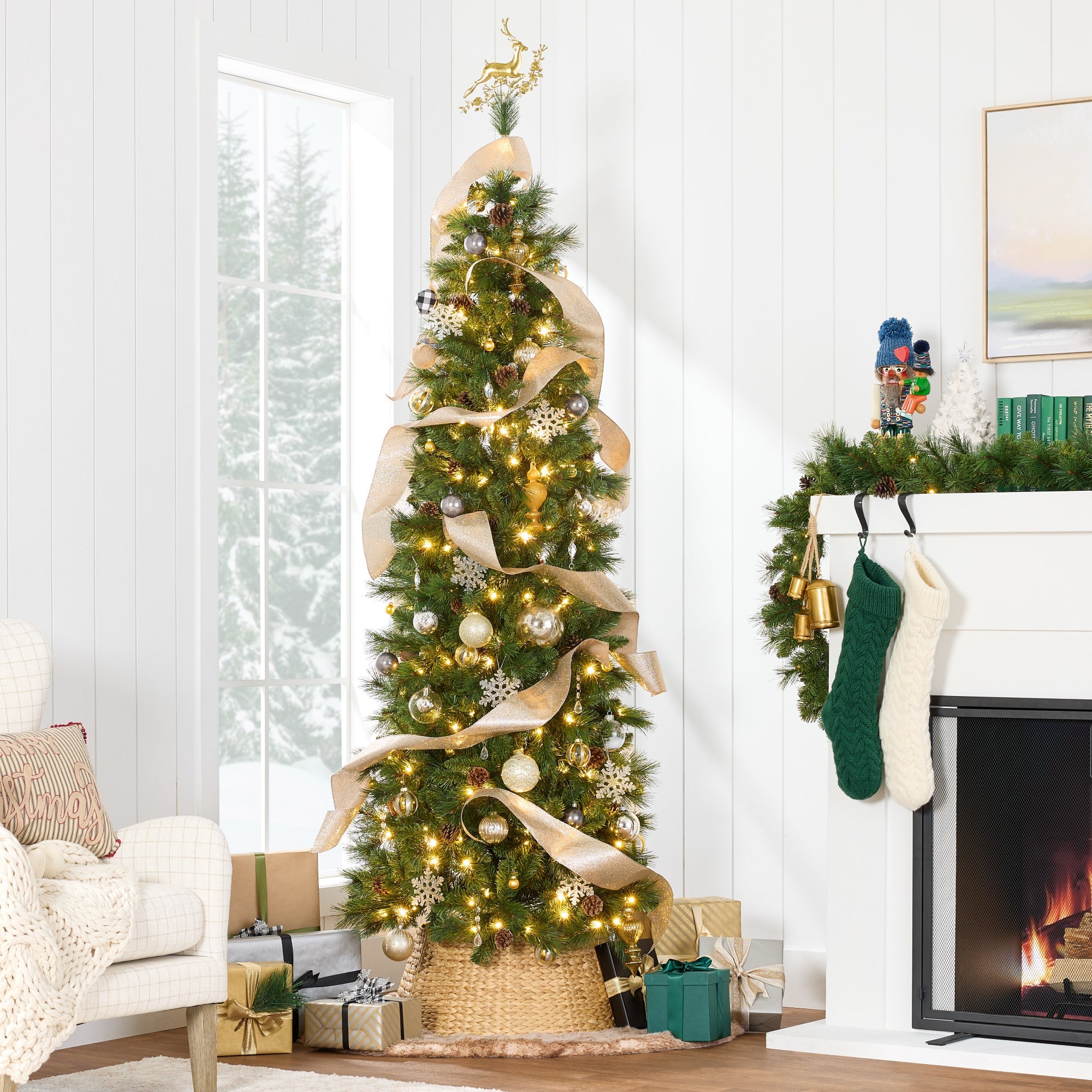 Pre-Lit Artificial Scotch Pine Pencil Christmas Tree w/ Metal Stand