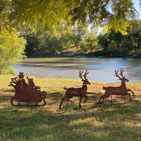 Metal Santa Reindeer Sleigh Outdoor Yard Stakes Set