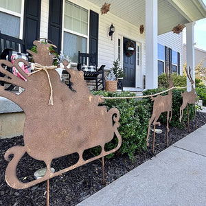 Metal Santa Reindeer Sleigh Outdoor Yard Stakes Set